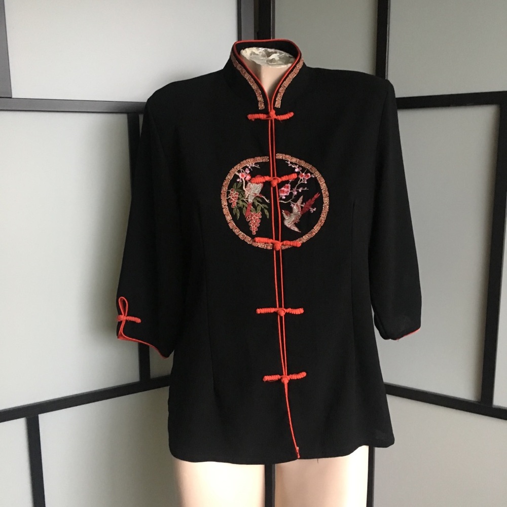 Mandarin Style Black & Red Top w/Embroidered Front